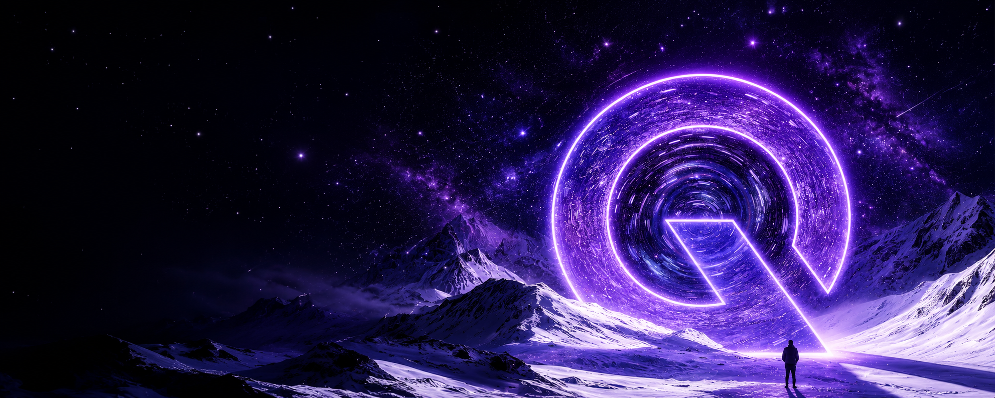 雪山夜空中的发光Q，配色与本站主题一致